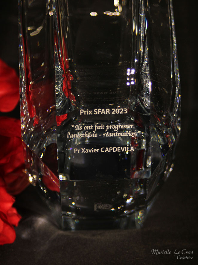 Vase en cristal de Baccarat personnalisé pour un trophée en cadeau de la Société SFAR avec une phrase et un nom