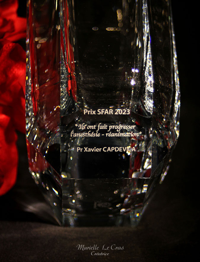 Vase en cristal de Baccarat personnalisé pour un trophée en cadeau de la Société SFAR avec une phrase et un nom